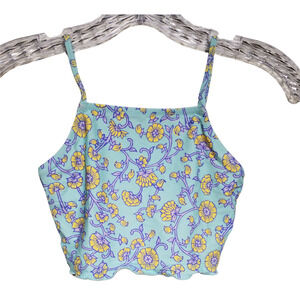 J Crew Girls Floral Tankini UPF 50+ Blue Yellow Top Ruffle Hem Strappy Size 8